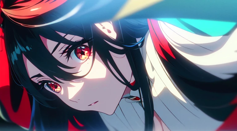 tmasterpiece, Best quality, eyed, (詳細な目), (Red eyes), (pretty eyes), closeup cleavage, (skyblue eyes), Black hair