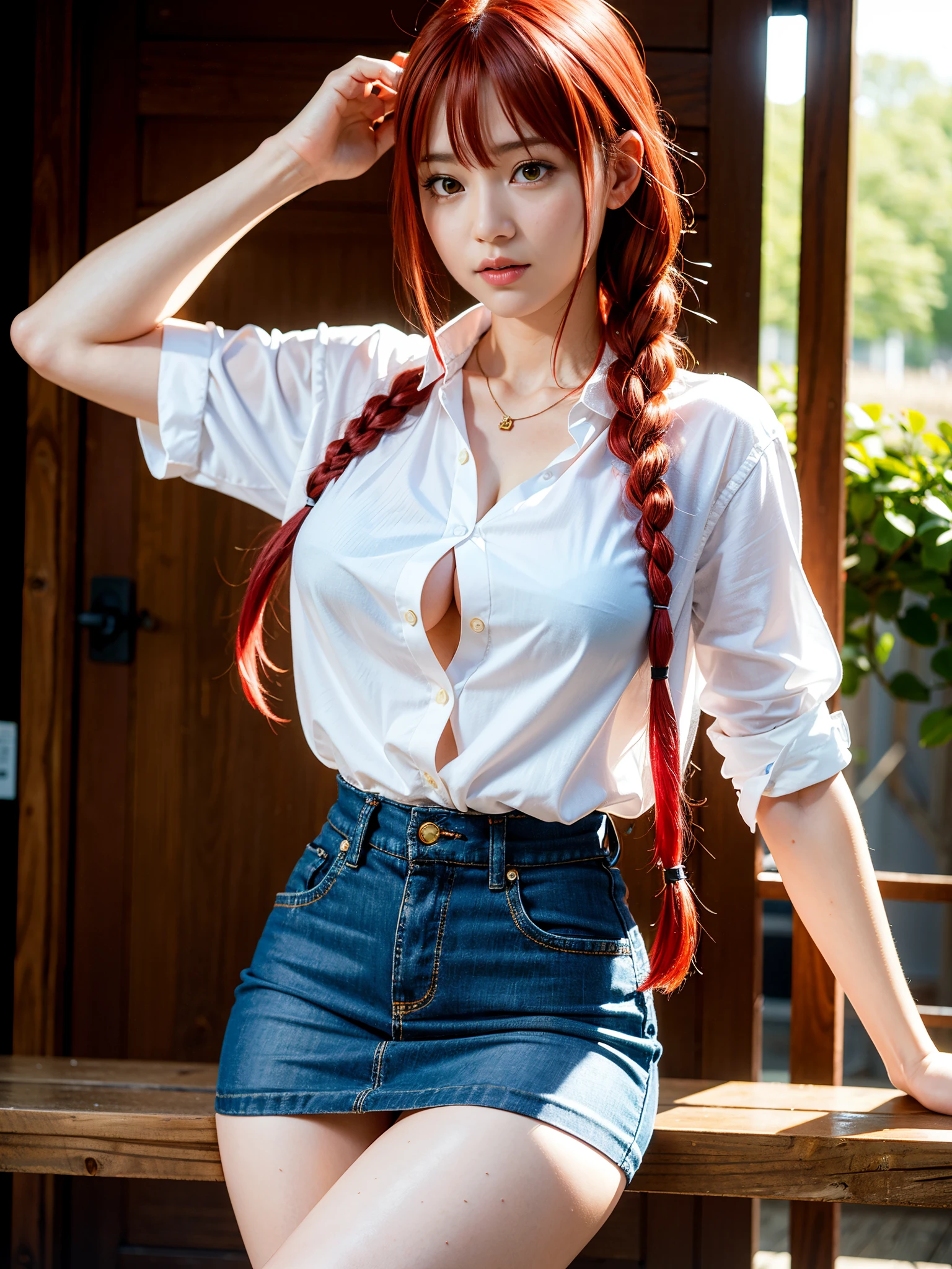 masutepiece, (Photorealistic:1.4), Best Quality, Beautiful lighting, Makima \(chain saw man\), (Red hair)+(Long braided hair)+(Bangs), Yellow eyes, Golden Eyes, (Ringed Eyes), (the transparent white shirt), Raw photo, 8K UHD, Film grain, Big , (ulzzang-6500:0.9:1.0), Miniskirt, Open Button,