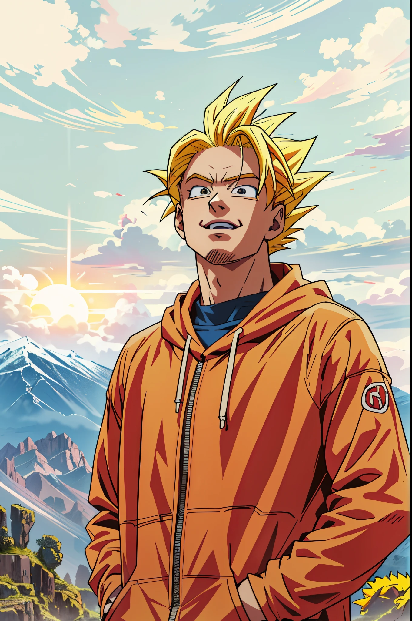 arafed man in a red hoodie standing in front of a mountain,super saiyan,(blond hair:1.5), ((yellow hair:1.5)),super saiyan goku, super sayan, super sayian goku, super saiyan 3, going super saiyan, dragon ball concept art, dragon ball artstyle, 4 k manga wallpaper, goku from dragon ball, an epic anime of a energy man, 4k anime wallpaper,smile,