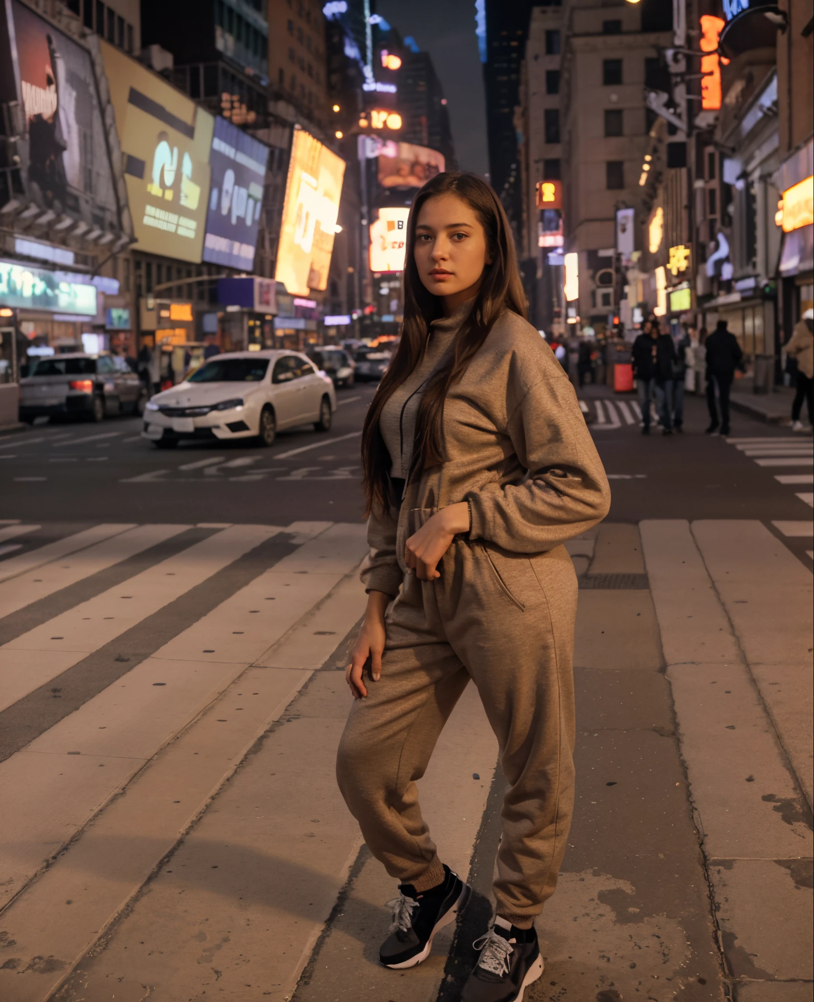 a woman standing on a crosswalk in a city at night, standing in a city street, wearing a tracksuit, nyc, in city street, in the city, violet myers, at a city street, comfy, standing in times square, by Niko Henrichon, wearing a track suit, profile pic, beige, at night, standing in time square