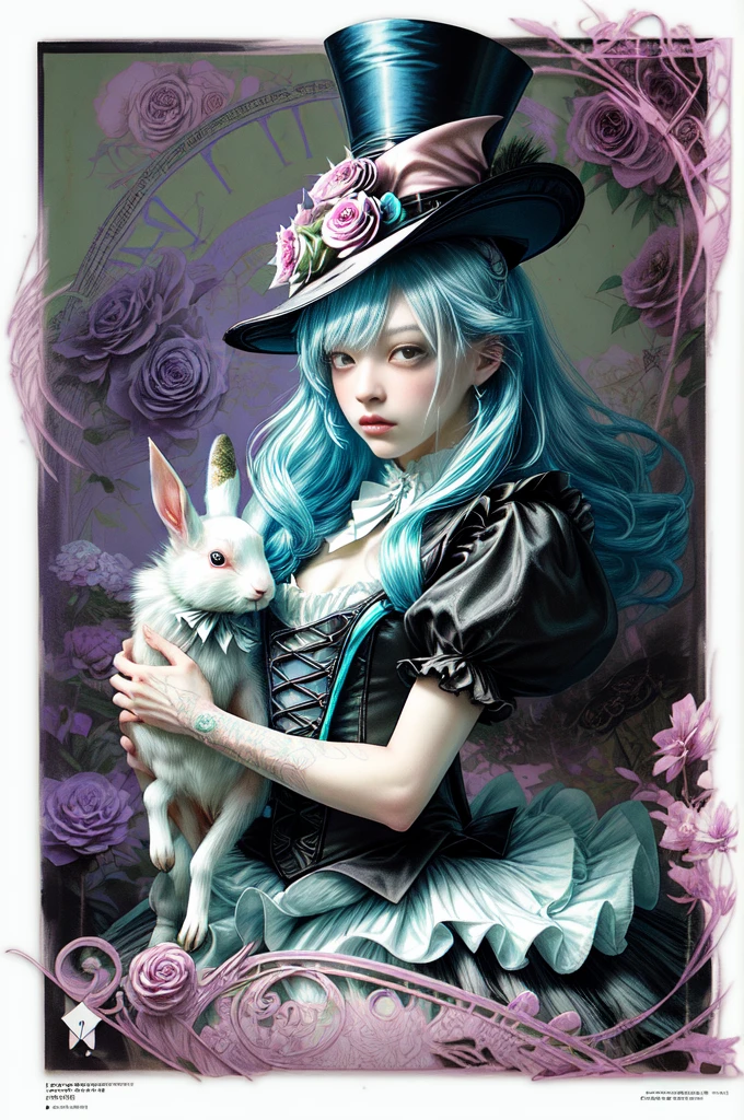 A woman wearing a top hat and holding a rabbit in her hand, Vania Zuravlyov, floralpunk elysian maiden, Hajime Sorayama Aaron Hokey, Alice in Wonderland Cyberpunk, portrait of alice in wonderland, Jean-Sebastian Rosbach, baroque visual kei decora art, inspired by Tsukioka Yoshitoshi