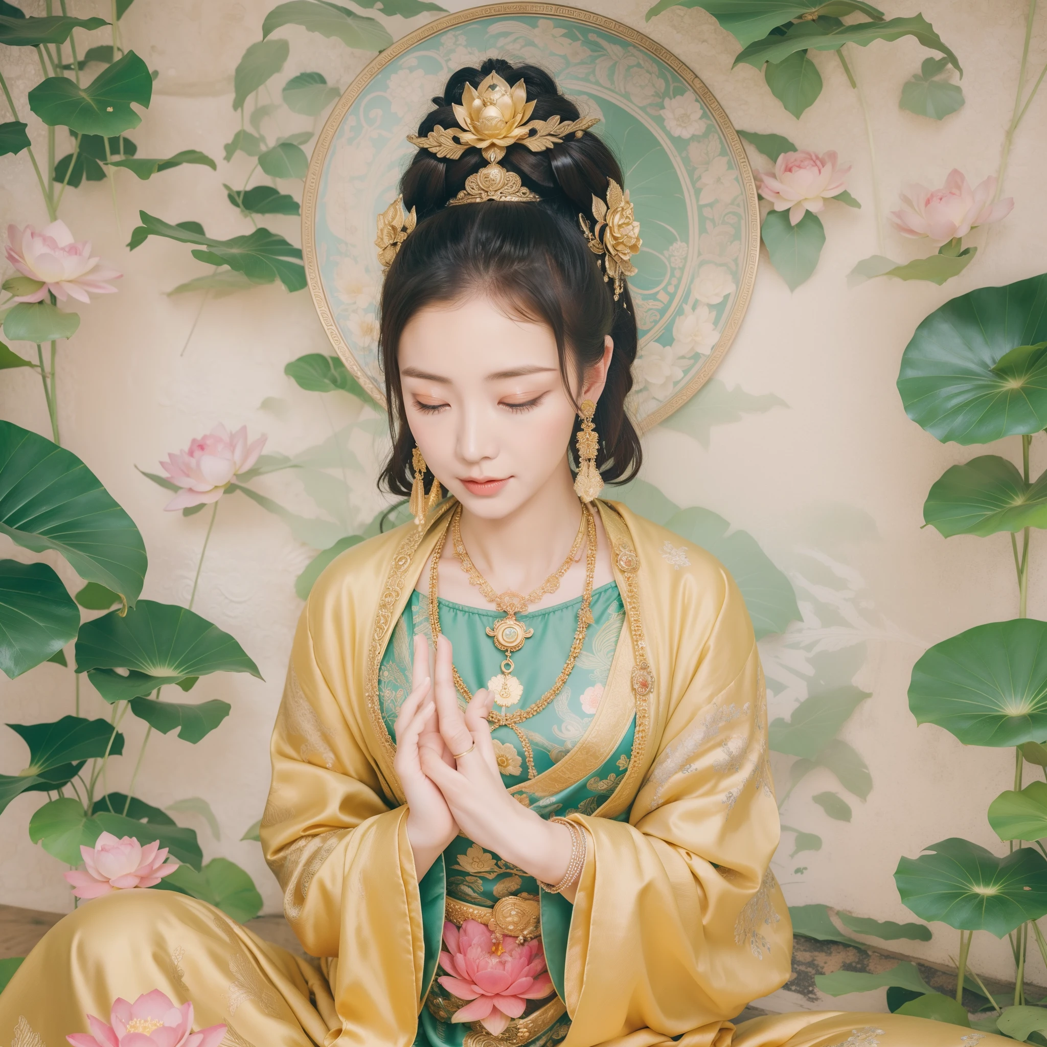 Close-up of man sitting in lotus position, bodhisattva, goddess of love and peace, Avalokitesvara, Satisfied Female Bodhisattva, guanyin of the southern seas, halo behind head,had his hands folded,Inspired by Gu Wenchang, 's patron saint 🛸🌈👩🏾, Dan family, Lysa Hannigan、masterpiece、Beautiful feces、of a real,32K