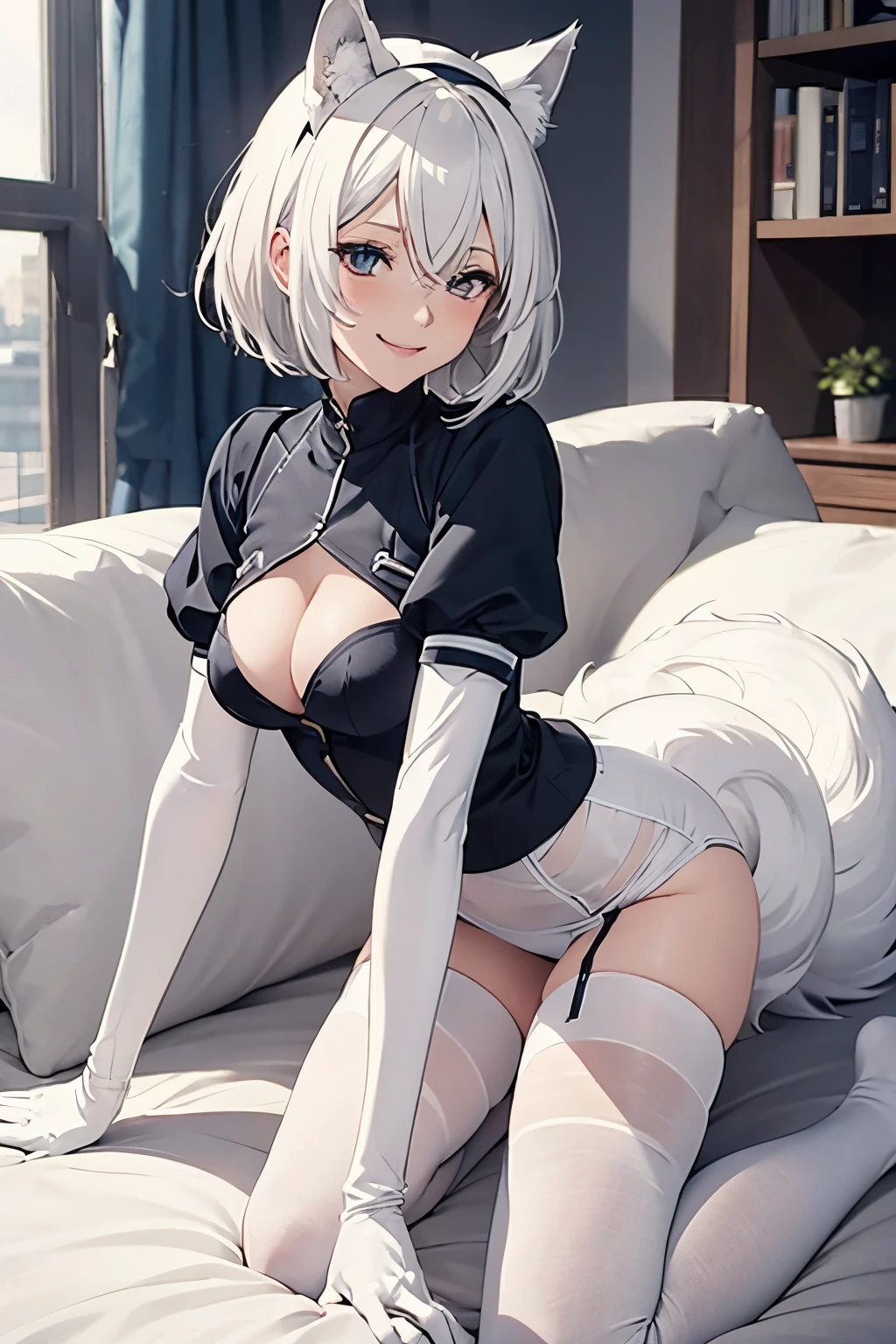 masutepiece　high-level image quality　Top image quality　8K　adult lady（Soio）　White Long Gloves（（blanche）（Long gloves））　white stockings（（blanche）（Stockings）　nurse's outfit　Wolf ears　shorth hair（（short-cut）（White hair）（Habitual hair）（fluffly））Face seducing（A smile）　Eye color is blue