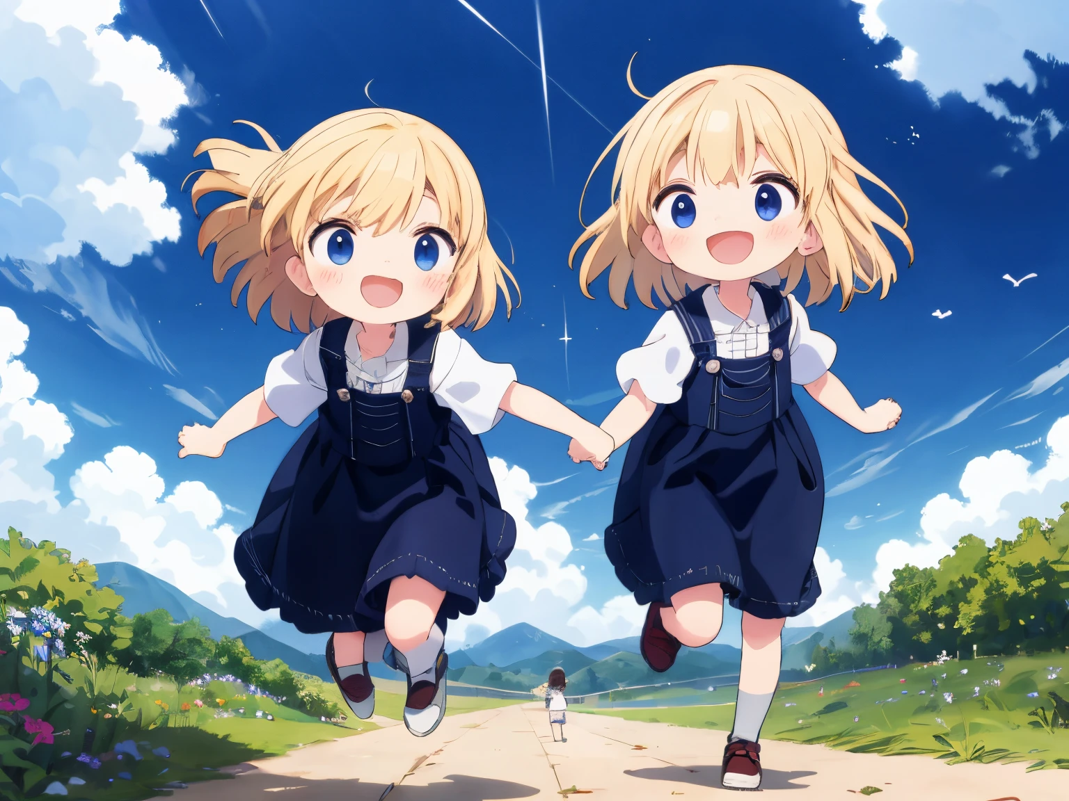 Best Quality, ultra-detailliert, kids on adventure， two children running in the sky, Gamine２In person, platinum-blonde-hair,  Floating hair，Children showing smiles，from the front side,  shading