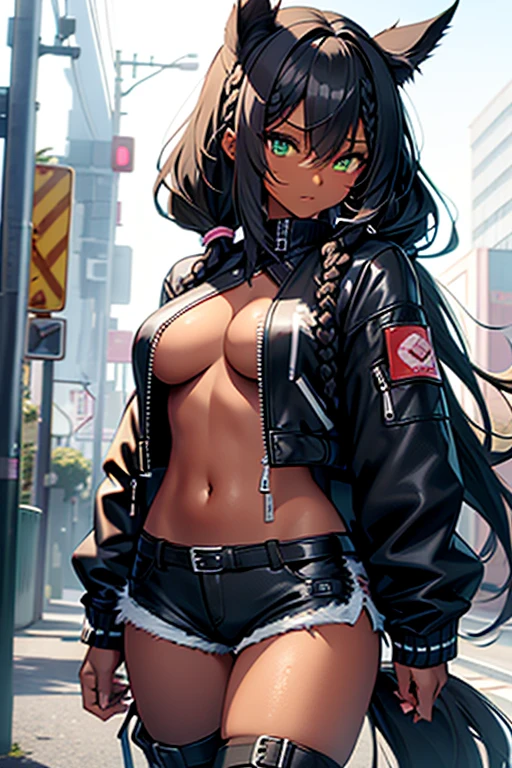 nsfw、masterpiece、best quality、super detailed skin、mature、full body shot、1catgirl、jadegreen eyes、skin/(dark skin)、horse ears、horse tail、(horse\(tail\))fluffy horse tail at tailbone、hair/(braided side pigtails)、flipped hair、midnight black hair、cleavage、torn leather top、laced biker top、(((without jacket:1.3)))、(((no jacket:1.3)))、permissive、torn hot pants、leather hot pants