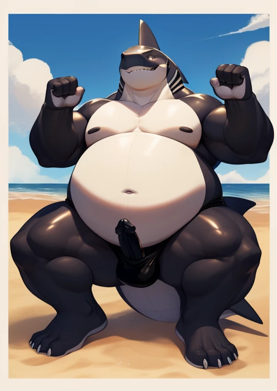 Correct body proportions,Black genitalia,Black glands,male people,the shark,chubbiness,small fat,Bare-chested,victory pose,The erection,Black genitalia,Black glands,Black balls,beer belly, male people, sandbeach, A high resolution,Skysky, tmasterpiece,Excessive obesity,Obesity in the extremities,Lift your feet,swimmning,Sit on the ground and raise your legs