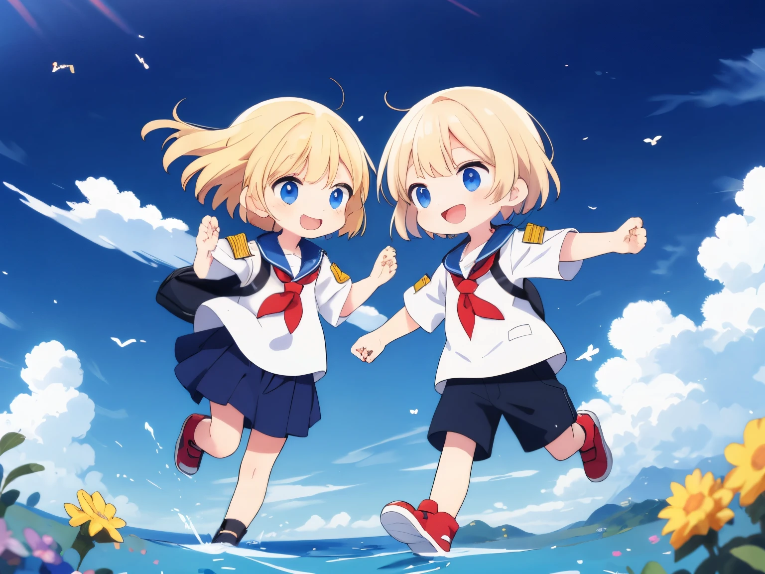 Best Quality, ultra-detailliert, boy scout kids， two children running in the sky, Gamine２In person, platinum-blonde-hair,  Floating hair，Children showing smiles，from the front side,  shading