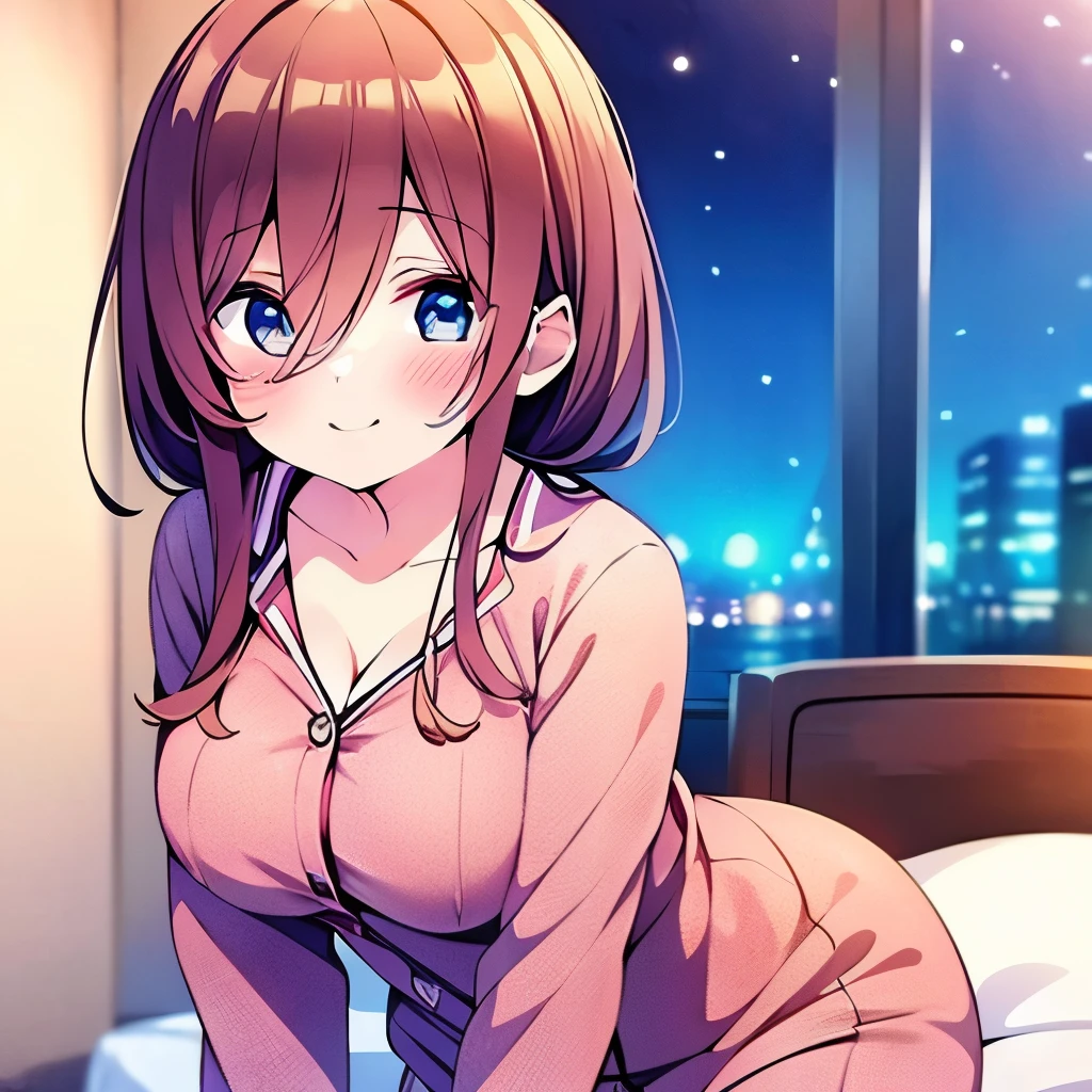 ((masterpiece)), ((best quality)), (ultra-detailed), anime style, on the bed, a cute girl, 1girl, solo, pajama00, ((beautiful eyes)), large breast, smile