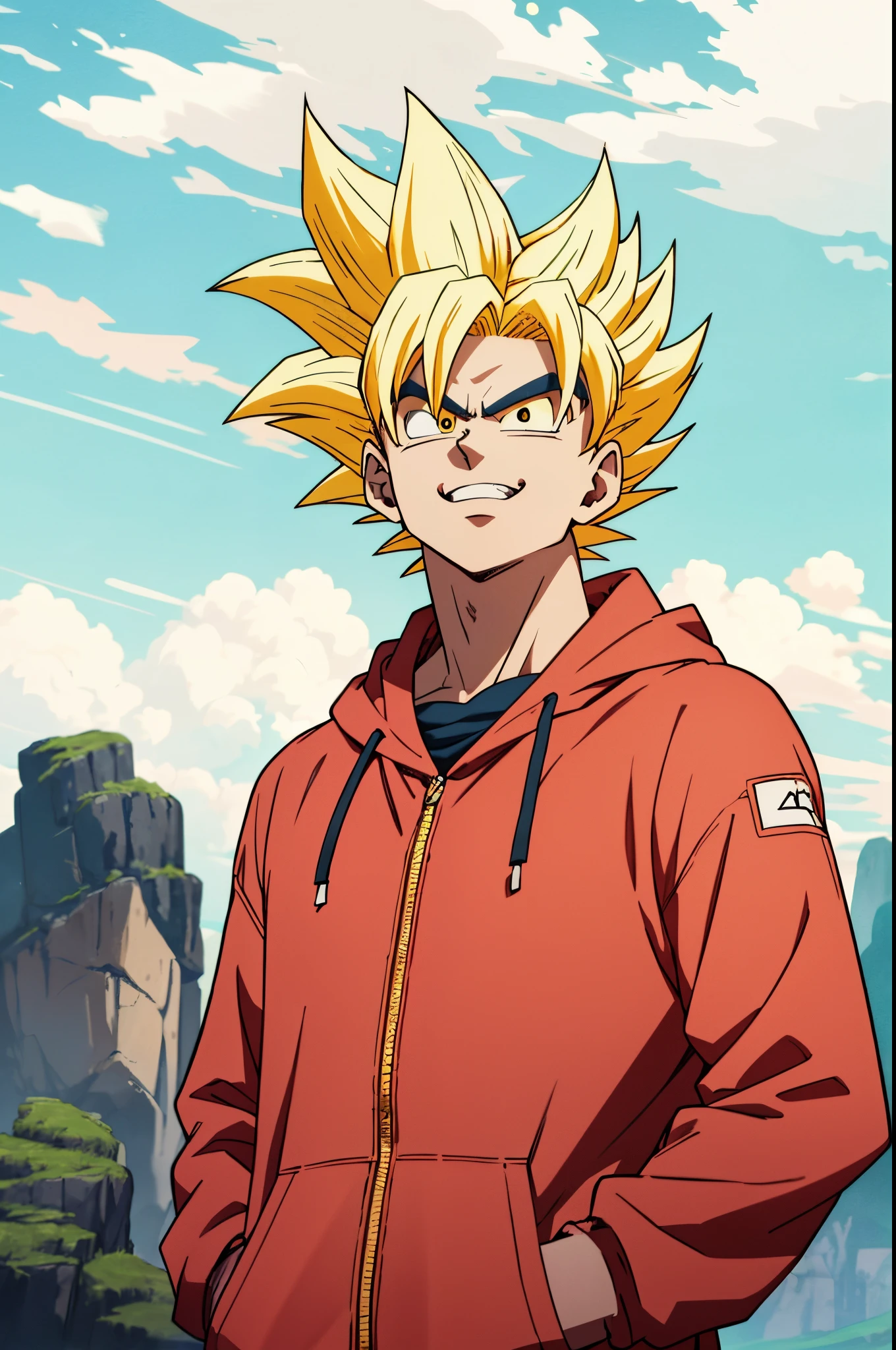arafed man in a red hoodie standing in front of a mountain,super saiyan,(blond hair:1.5), ((yellow hair:1.5)),super saiyan goku, super sayan, super sayian goku, super saiyan 3, going super saiyan, dragon ball concept art, dragon ball artstyle, 4 k manga wallpaper, goku from dragon ball, an epic anime of a energy man, 4k anime wallpaper,smile,
