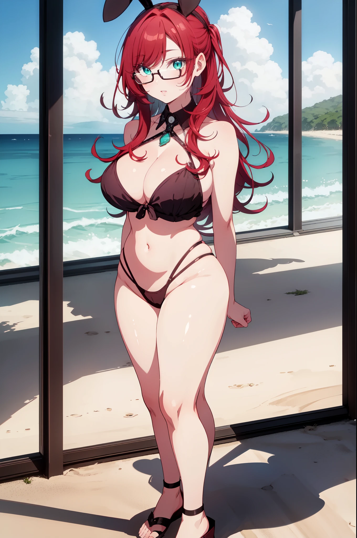 masterpiece, best quality, highres, 1girl, solo, kusuribb, large breasts, red hair, turquoise eyes, long hair, playboy bunny, beach, eyewears, full body, standing, arms behind back