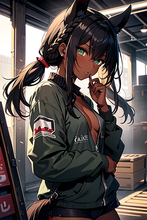 nsfw、masterpiece、best quality、super detailed skin、1catgirl、jadegreen eyes、skin/(dark skin)、horse ears、horse tail、hair/(braided side pigtails)、flipped hair、midnight black hair、cleavage、small torn top、torn hotpants
