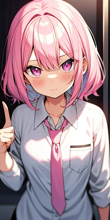 Pink hair and pink tie、Pink eyes、Anime girl with shy blush、Peace