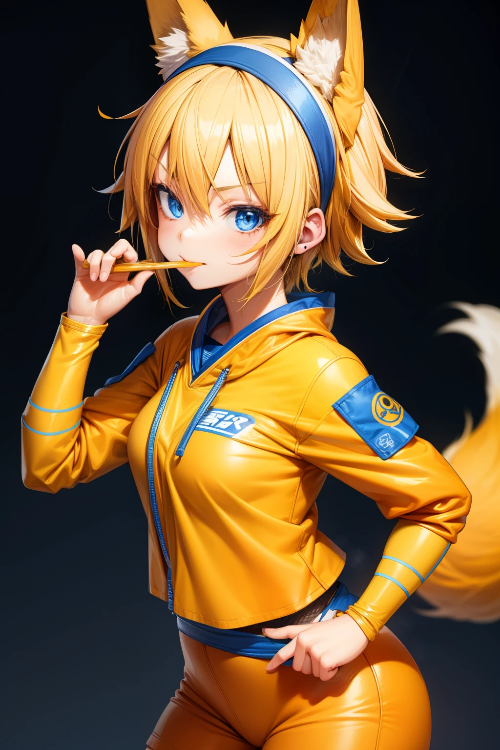 Cute girl, short yellow hair, headband, blue eyes, orange clothes,Ramen, fox, ninja, adult girl