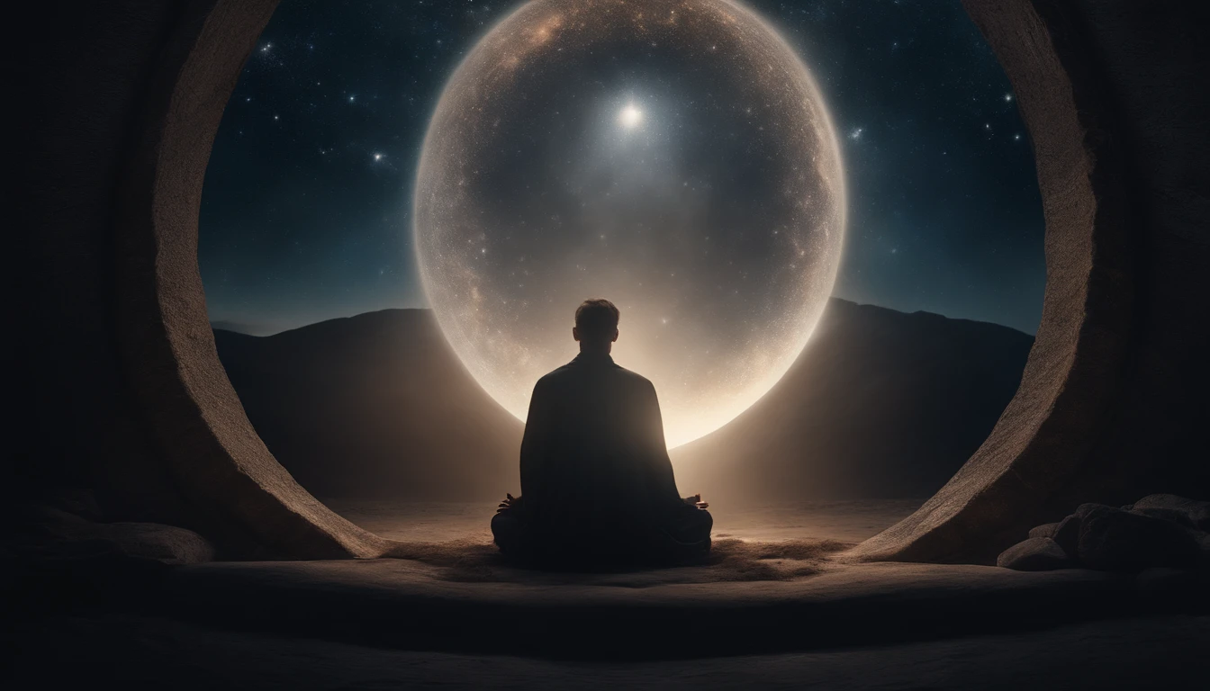 Mystical man in the middle of the universe Astral body, deep meditation, Etéric atmosphere, Aurico