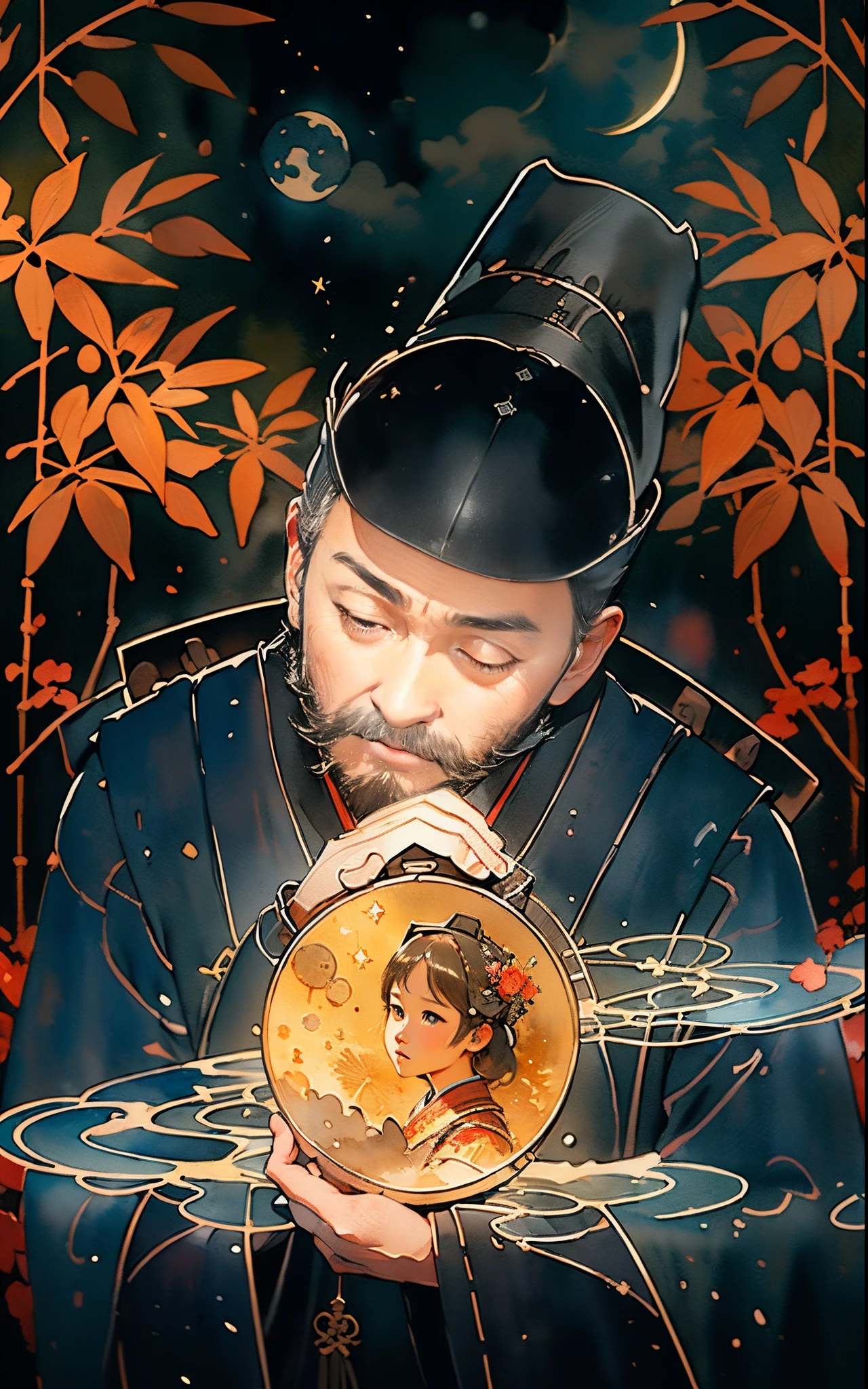 ((Best quality, 8K, tmasterpiece: 1.4)),((Stunningly detailed: 1.3)),((Watercolor illustration: 1.2)),((A high resolution: 1.1)),Heavy painting style,(male people),a man from tang dynasty of china,Wearing a black gauze hat,There is a beard on the face,nostalgic look,Holding a bright moon in your hand,Blurred image of a girl'face illuminated by moonlight。The night sky is filled with countless twinkling stars。The background is red bamboo shadow,The air is filled with mysterious mist。in style of ghibli,Beautifully meticulous,structurally correct,フォトリアリスティック,Delicate hair,art of photography
