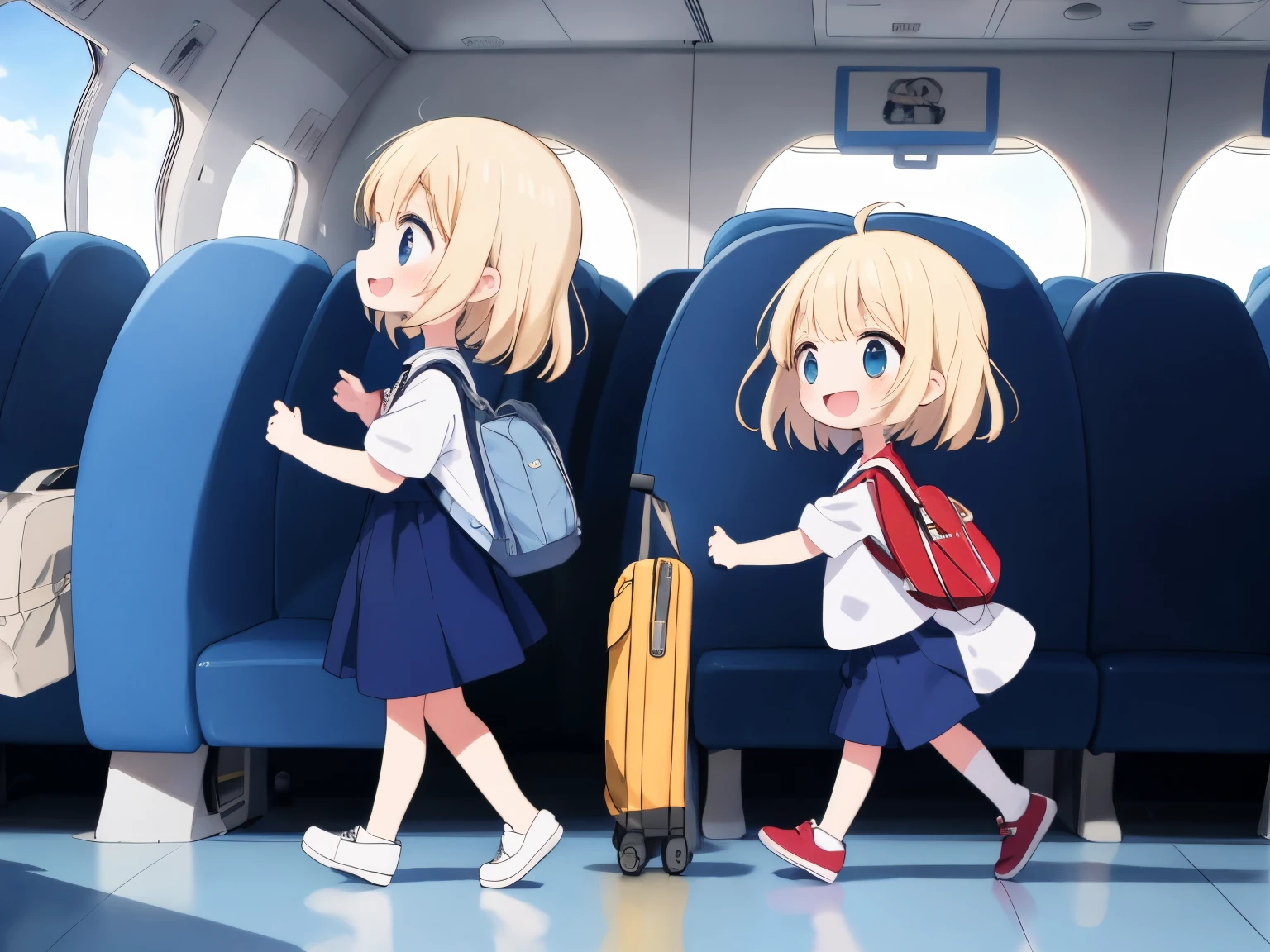 Best Quality, ultra-detailliert, kids with travel bags, On board an airplane,two children, Gamine2In person, platinum-blonde-hair, Floating hair,Children showing smiles,from the front side, shading