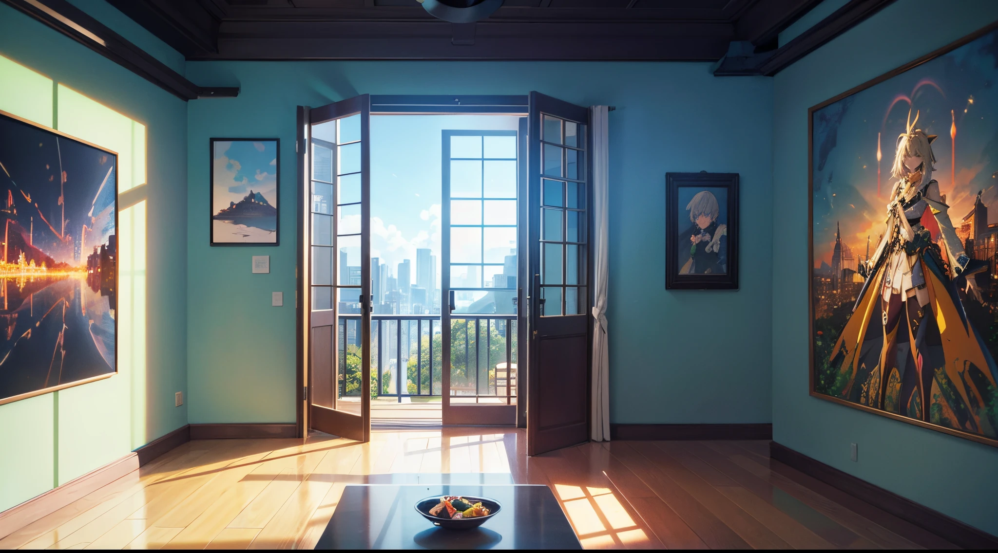 "Generate an animated scene in a stylized anime room, focusing on a single wall and floor. Feature a silver play button and a golden play button hanging prominently on the wall, complemented by vibrant anime paintings. Incorporate an opened window that reveals a captivating anime-rendered natural landscape outside. Infuse the scene with the essence of anime aesthetics, ensuring a seamless blend of indoor charm and outdoor beauty in the animated setting."