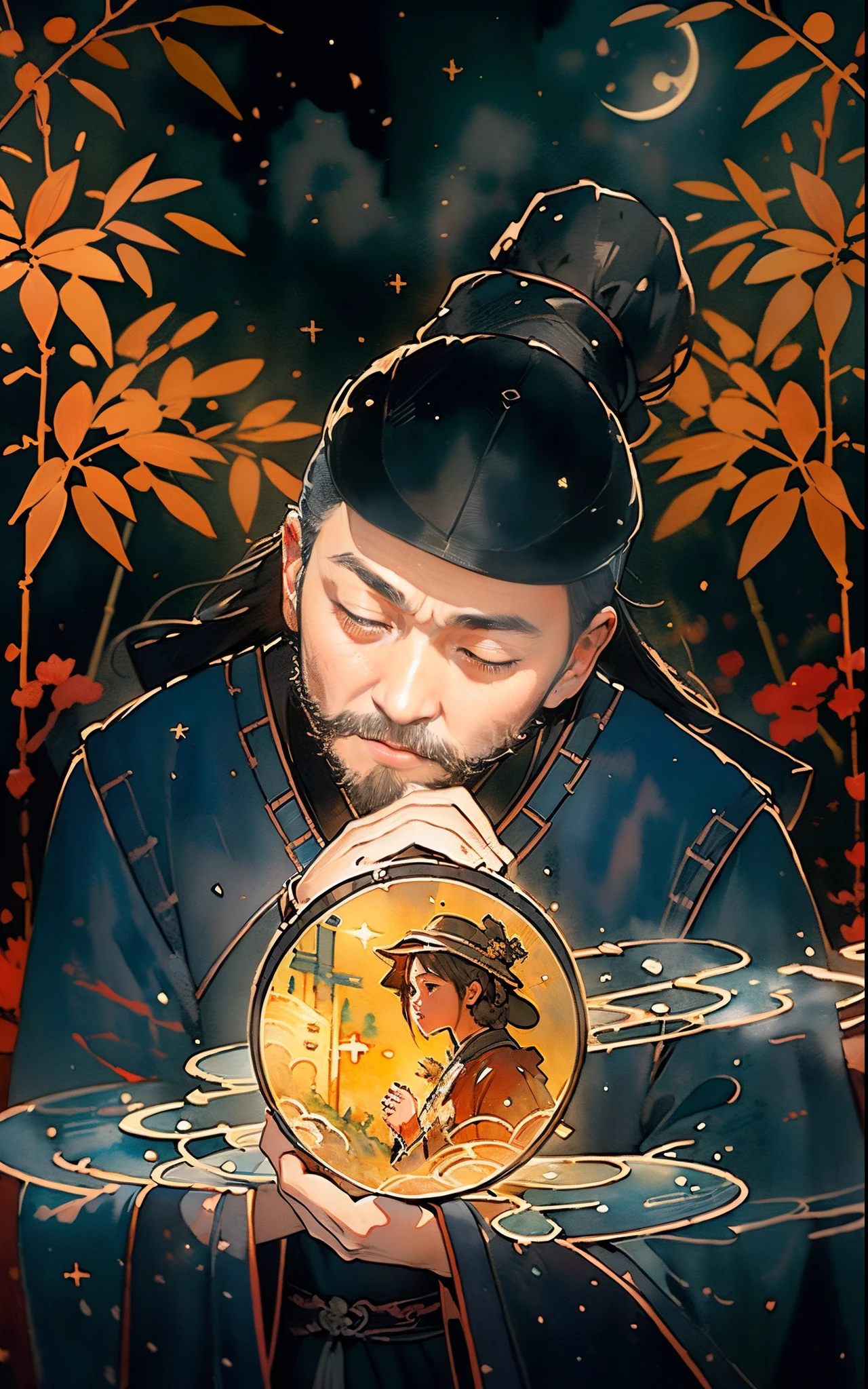 ((Best quality at best, 8K, tmasterpiece: 1.4)),((Stunningly detailed: 1.3)),((Watercolor illustration: 1.2)),((A high resolution: 1.1)),Heavy painting style,(male people),A man from the Tang Dynasty of China,Wearing a black gauze hat,There is a beard on the face,nostalgic look,Holding the bright moon in hand,Blurred image of a girl'face illuminated by moonlight。The night sky is filled with countless twinkling stars。The background is red bamboo shadow,The air is filled with mysterious mist。in style of ghibli,Beautifully meticulous,structurally correct,フォトリアリスティック,Delicate hair,art of photography