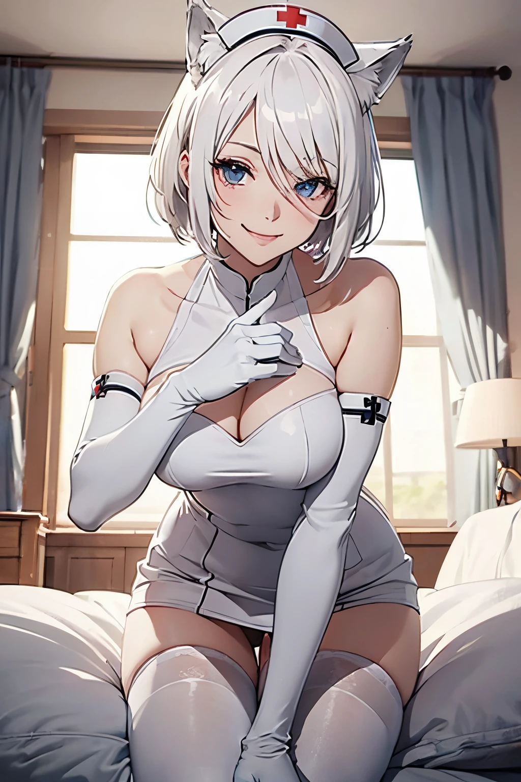 masutepiece high-level image quality Top image quality 8K adult lady(Soio) White Long Gloves((blanche)(Long gloves)) white stockings((blanche)(Stockings) nurse((blanche)(sleeveless)) Wolf ears shorth hair((short-cut)(White hair)(Habitual hair)(fluffly))Face seducing(A smile) Eye color is blue
