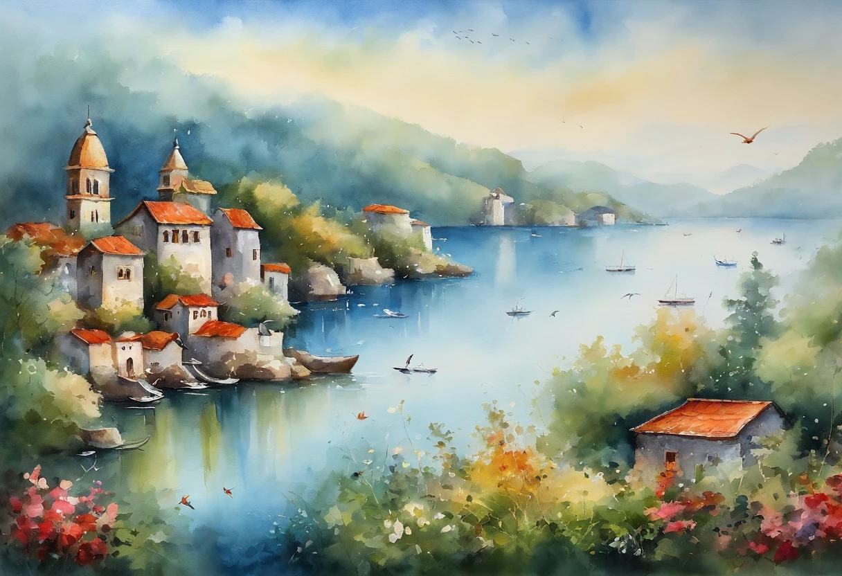 Pictured is a peaceful seaside scene。There is a small island in the middle of the sea，The island is covered with green vegetation。The water is a tranquil lake blue，contrasts with the deep blue in the sky。Behind the island is a group of buildings，wide range of colors，May be residential area or resort。upper sky，Birds spread their wings and fly，Adds a sense of vitality。All-encompassing，This painting conveys a sense of calm、harmonious atmosphere，It is a place that may be suitable for leisure vacation。