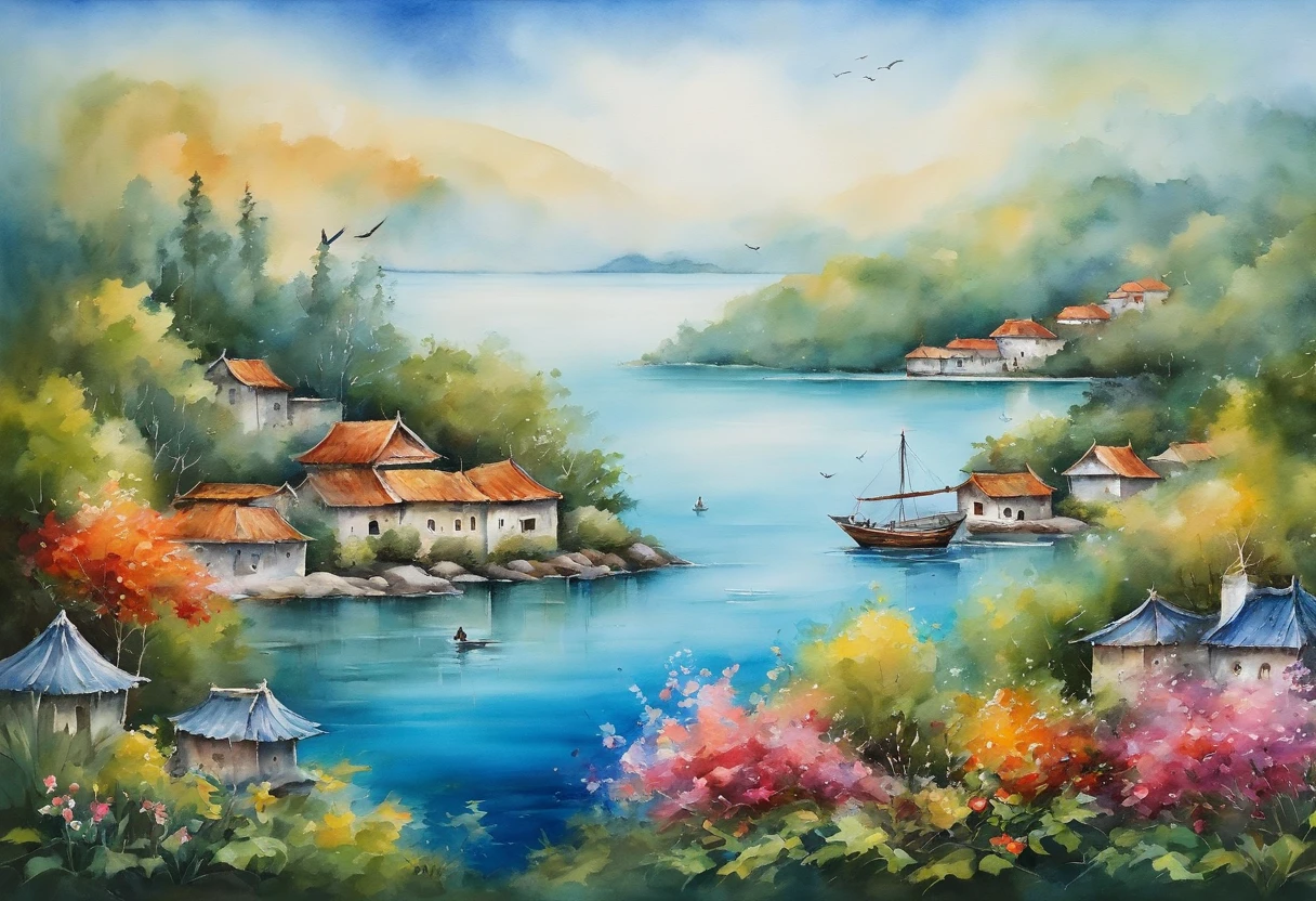 Pictured is a peaceful seaside scene。There is a small island in the middle of the sea,The island is covered with green vegetation。The water is a tranquil lake blue,contrasts with the deep blue in the sky。Behind the island is a group of buildings,wide range of colors,May be residential area or resort。upper sky,Birds spread their wings and fly,Adds a sense of vitality。All-encompassing,This painting conveys a sense of calm、harmonious atmosphere,It is a place that may be suitable for leisure vacation。