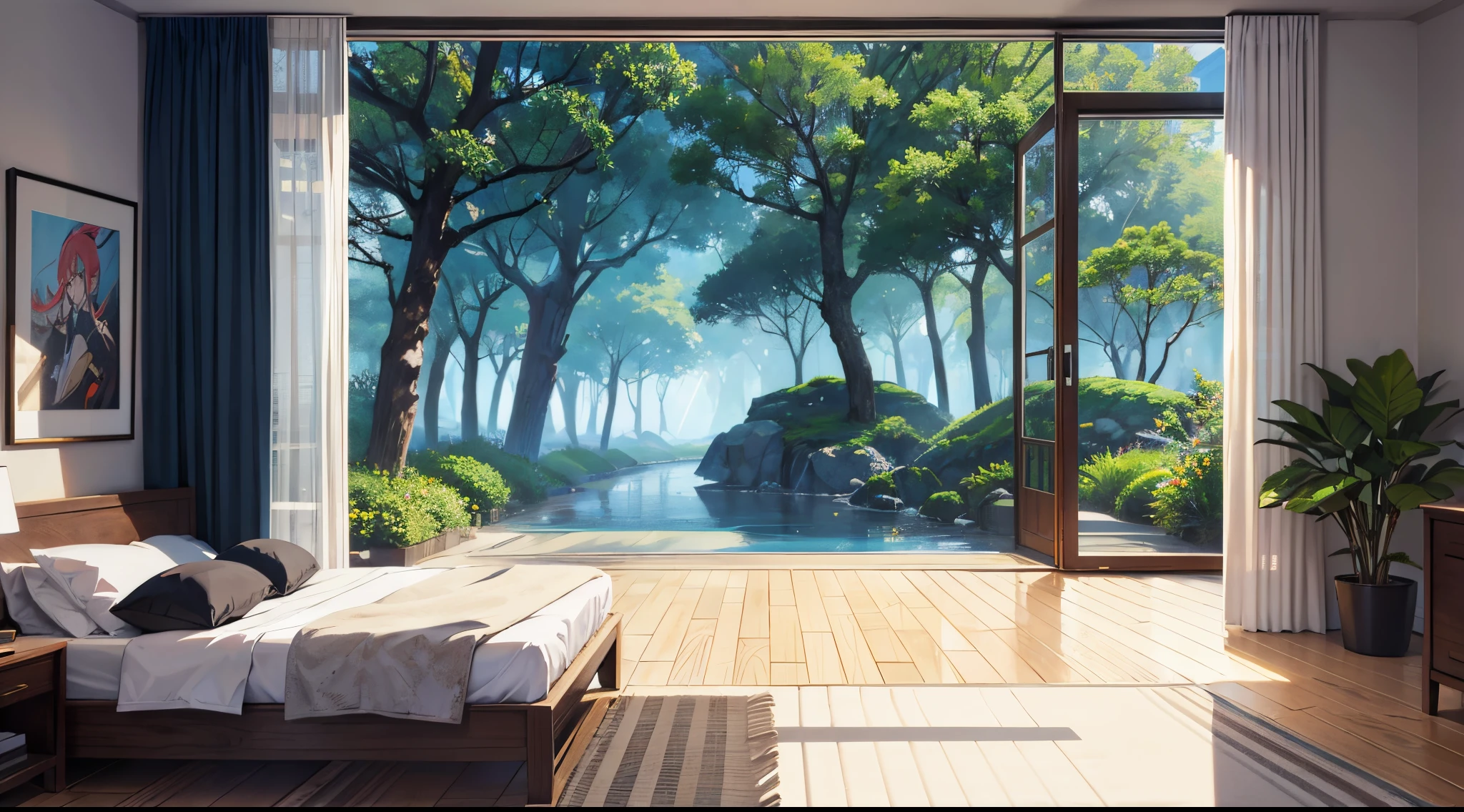 "Generate an animated scene in a stylized anime room, focusing on a single wall and floor. Feature a silver play button and a golden play button hanging prominently on the wall, complemented by vibrant anime paintings. Incorporate an opened window that reveals a captivating anime-rendered natural landscape outside. Infuse the scene with the essence of anime aesthetics, ensuring a seamless blend of indoor charm and outdoor beauty in the animated setting."