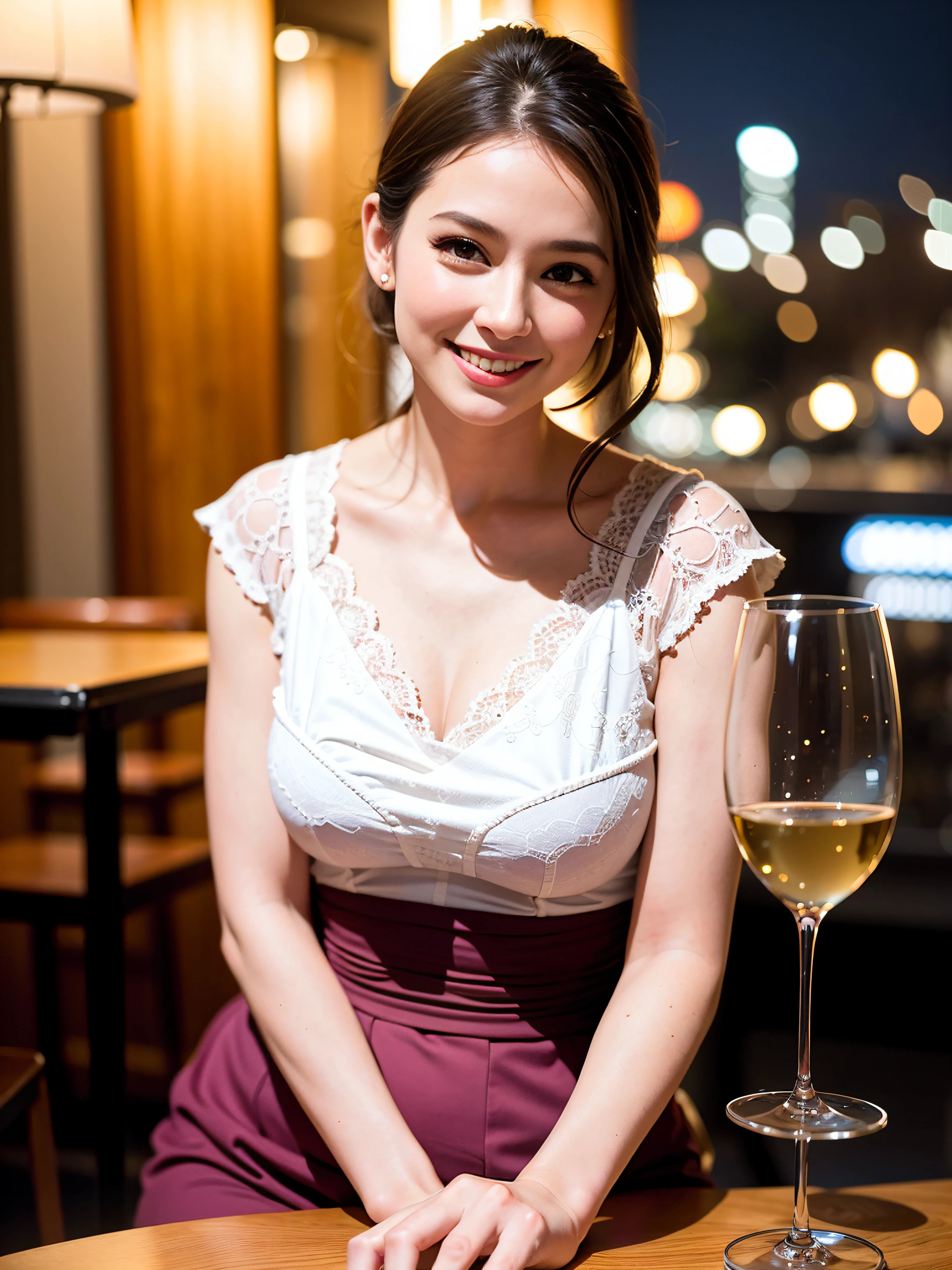 (64K, UHD, top quality, masterpiece: 1.2), (realistic, photorealistic: 1.37), super detailed, pretty woman 1 person, (slim face), (slim body), (brown hair), (short cut), cheeks slightly blushing, (44 years old), 38 years old, solo, beautiful detailed urban night view outside the window, restaurant, wine glasses sit, at night, in a prominent placeNovaFrogStyle, Actress, Model, Waist Up, White Wine, Slim, Wine Glass, Super Clean Night View, Wine Glass Put in the Middle, Happy Smile, (Smile: 1.15), Beautiful Fine Eyes, Upper Body, Bust Japan Up, Night, Short, Short, Actress, Model, Waist Up, White Wine, Slim, Wine Glass, Super Clean Night View, Wine Glass Put in the Middle, Happy Smile,