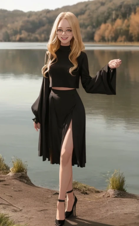 A 23 years old blonde beautiful woman, wearing a long black skirt, black high heels, a top with poofy long sleeves and glasses, standing at a lake, facial freckles, calm smile, short wavy hair.