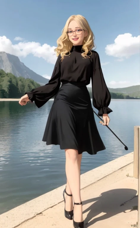 A 23 years old  blonde beautiful woman, wearing a long black skirt, black high heels, a top with poofy long sleeves and glasses, standing at a lake, facial freckles, calm smile, short wavy hair.