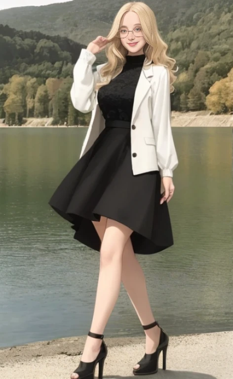 A 23 years old blonde beautiful woman, wearing a long black skirt, black high heels, a top with poofy long sleeves and glasses, standing at a lake, facial freckles, calm smile, short wavy hair.