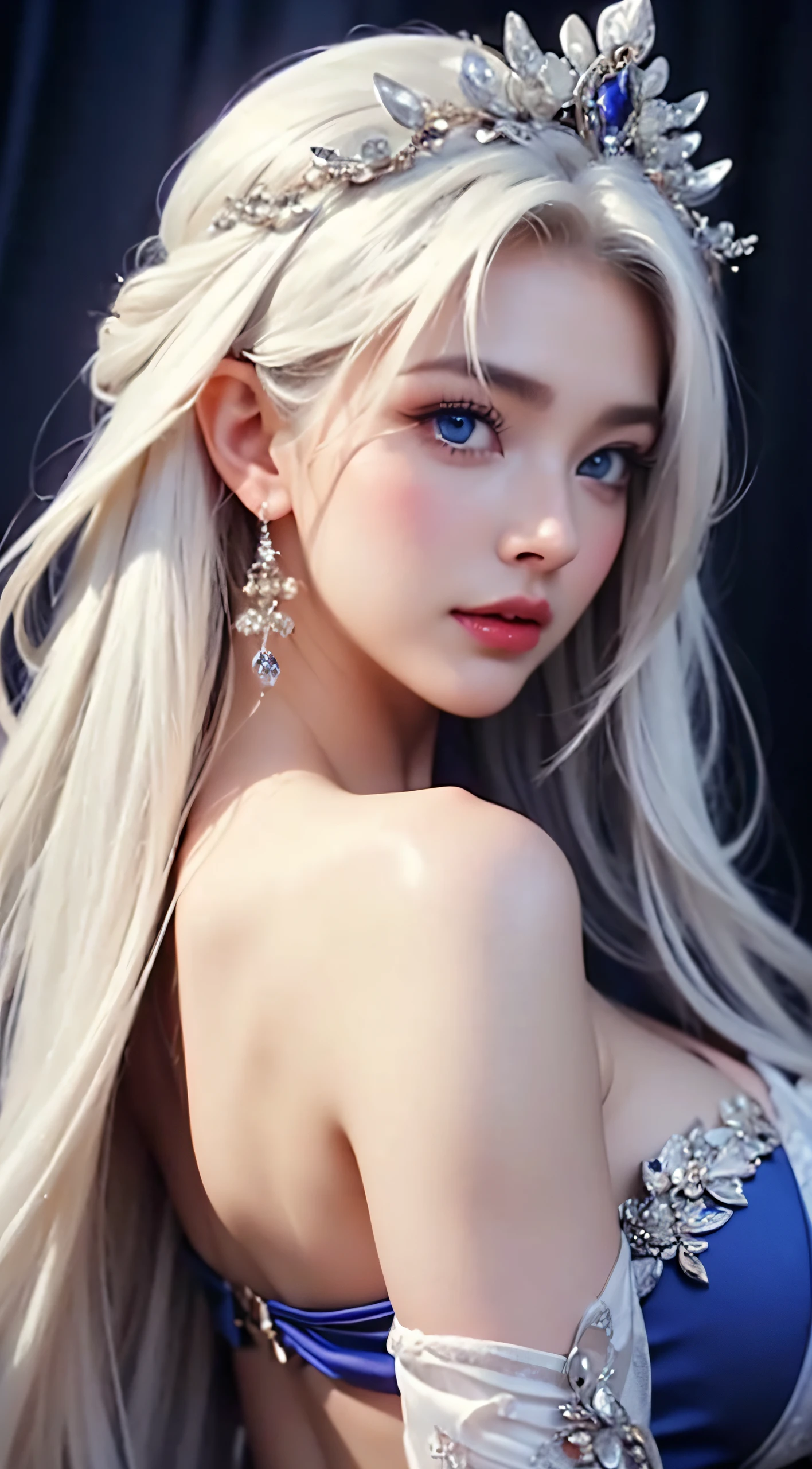 (Top image quality、 top-quality、Detailed picture、8K、Luster)、(Witches、A MILF、Sexy woman in dress)、(SEX pose、Erotic face、fascination pose、Seduction Pose)、(pure white hair、big blue eyes red lips、Too luxurious hair ornament、sexy body covered in jewels)、Fantastical、Mystical、Charming、protruding round buttocks、Beautiful butt