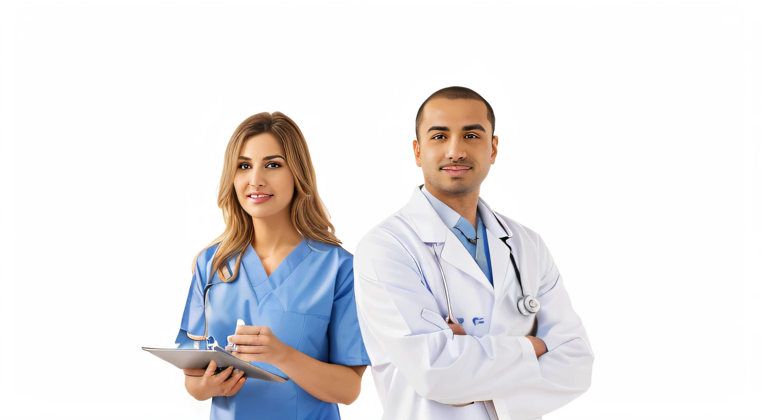 arafed male and female doctor standing next to each other, healthcare worker, medical doctor, surgical gown and scrubs on, nurse scrubs, nursing, male physician, wearing a white lab coat, nurse, medical photography, photo - shot, doctor, healthcare, (doctor), with a stethoscope, stock photo, lab coat and tee shirt, wearing a labcoat