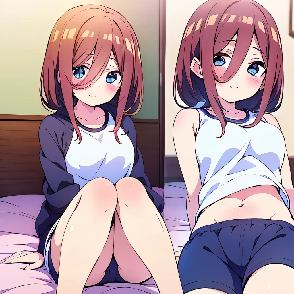 ((masutepiece)), ((Best Quality)), (Ultra-detailed), Anime style, on the bed, Cute s, 1girl in, Solo, Gym Shorts 00, ((Beautiful eyes))0, Smile