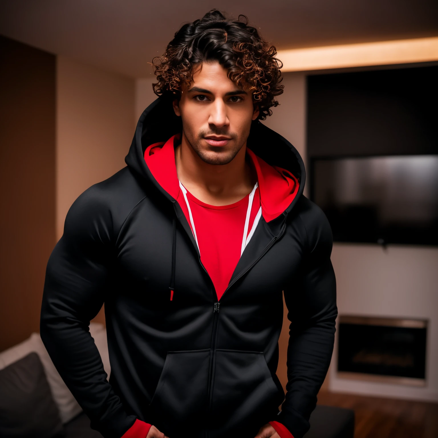 arafed man in a black and red hoodie standing in a living room, portrait shot, portrait shot 8 k, wearing a red hoodie, strong masculine features, exaggerated muscle physique, strong and imposing, strong young man, wearing a black hoodie, red hoodie, wearing a scarlet hoodie, big wide broad strong physique |, male model, anton fadeev 8 k