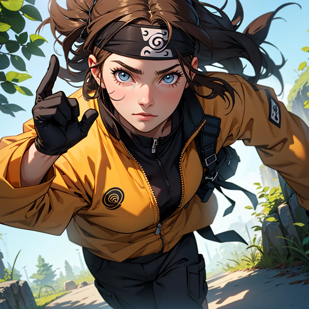 A European looking girl with messy straight brown hair, Handsomer, High quality picture, With Naruto headband With air symbol, wearing spy clothes, 4K quality, In the nature, both eyes clear, wearing gloves