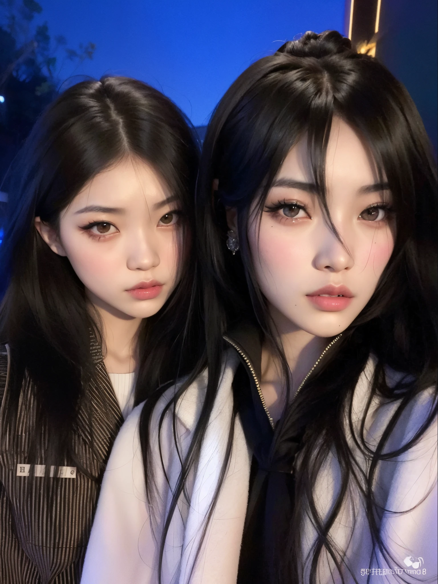 Two Asian women with long black hair posing for a photo., ulzzang, cruel korean goth girl, goth girl aesthetic, maquillaje popular de Corea del Sur, Pixivs y Junji Ito, con negro, Nixeu y Sakimichan, beautiful gemini twins, cabello negro y ojos grandes, gothic aesthetic, Aesthetics of beautiful faces, Hermoso retrato de Geminis Twins, inspirado por Wang Duo