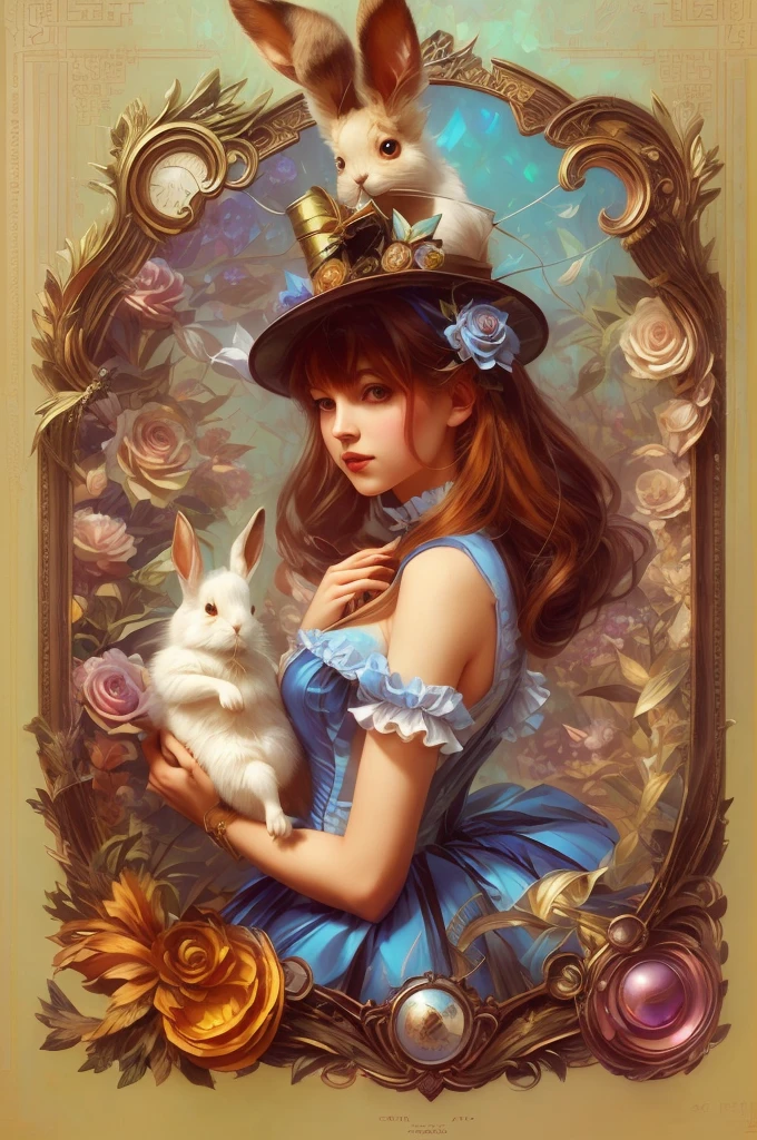 There is a picture of a woman holding a rabbit and a rabbit., portrait of alice in wonderland, fantasy victorian art, like alice in wonderland, alice in wonderland style, karol bak uhd, alice x. zhang, Beeple and Jeremiah Ketner, artgerm julie bell beeple, pop surrealism art style