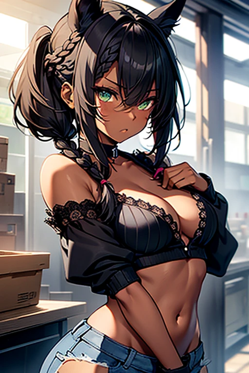 nsfw、masterpiece、best quality、super detailed skin、1catgirl、jadegreen eyes、skin/(dark skin)、horse ears、horse tail、hair/(braided side pigtails)、flipped hair、midnight black hair、wide cleavage、small torn crop-top、small lace crop-top、torn hotpants、arms free