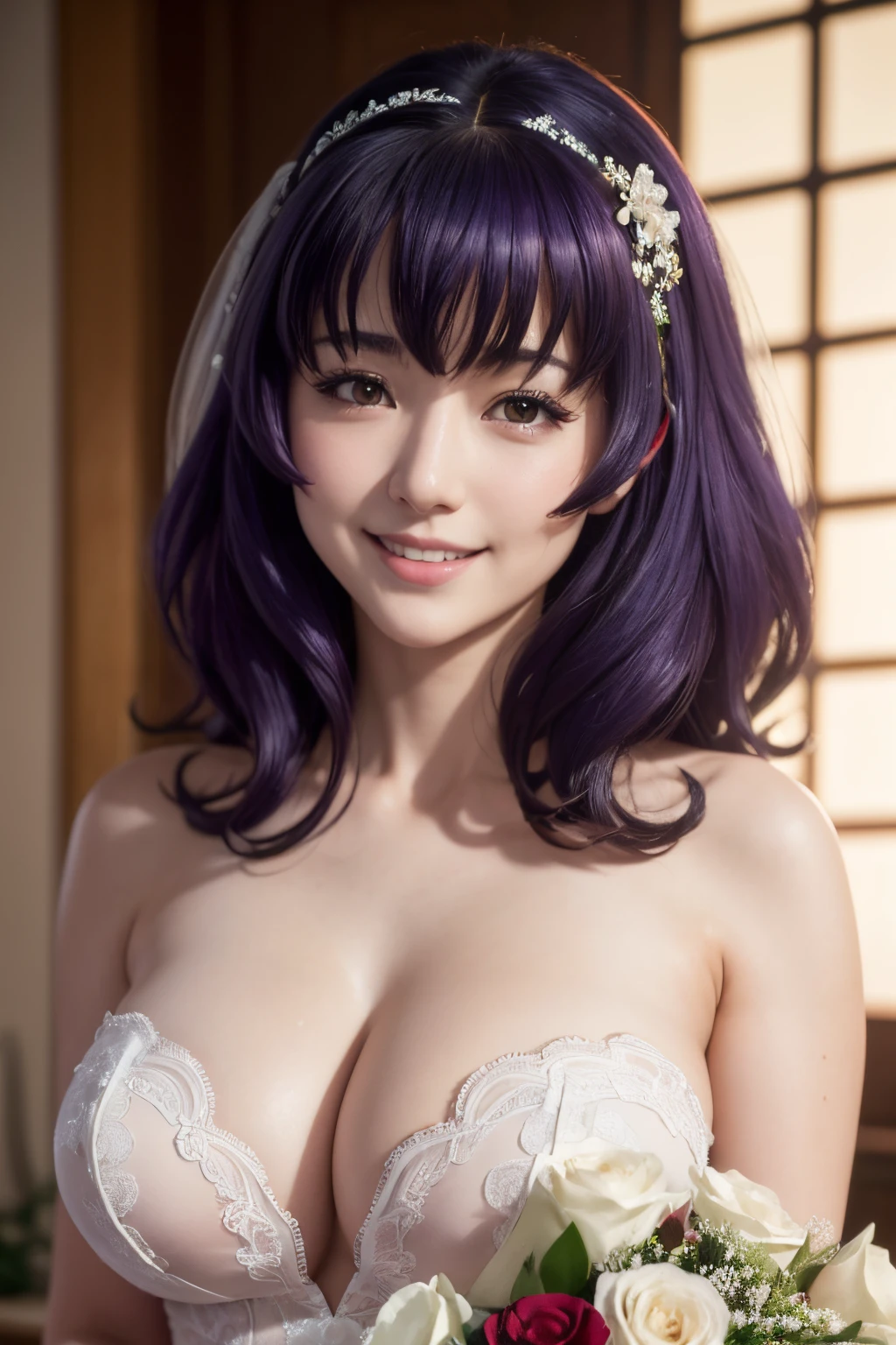 huge breasts, upper body, masterpiece,8k, best quality, good hands, wide hips,good eyes, 1girl, solo, high detail hair, maximum detail, intricate detail, extremely clear,ray tracing, nsfw,rtx,white wedding dress ,smile, shy, blush, strapless, embaressed,yamanobe tomo purple hair red eyes medium hair huge breasts, mature female,wholesome,on d850 film stock photograph 4 kodak portra 400 camera f1.6 lens rich colors hyper realistic lifelike texture dramatic lighting unrealengine trending on artstation cinestill 800 tungsten, smile, church, holding bouquet of flowers