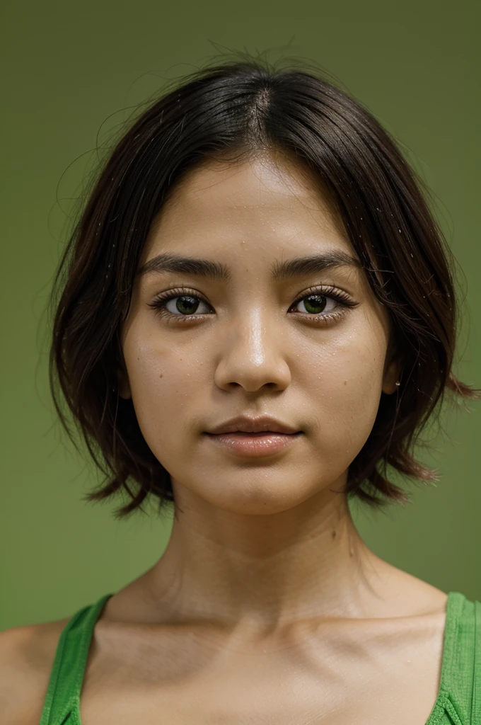 JAPANESE-BRAZILIAN MIXED BREED GIRL, DETAILED SKIN, SHORT HAIR FRONT SHOT, MEDIUM SHOT, GREEN FLAT COLOR BACKGROUND