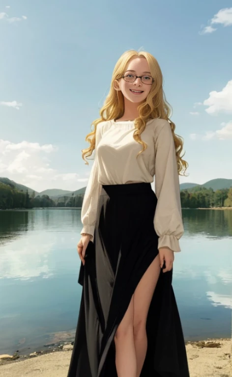 A 23 years old blonde beautiful woman, wearing a long black skirt, a top with poofy long sleeves and glasses, standing at a lake, facial freckles, calm smile, short wavy hair, barefoot.