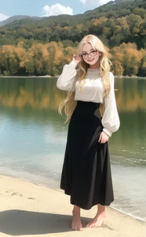 A 23 years old  blonde beautiful woman, wearing a long black skirt, a top with poofy long sleeves and glasses, standing at a lake, facial freckles, calm smile, short wavy hair, barefoot.