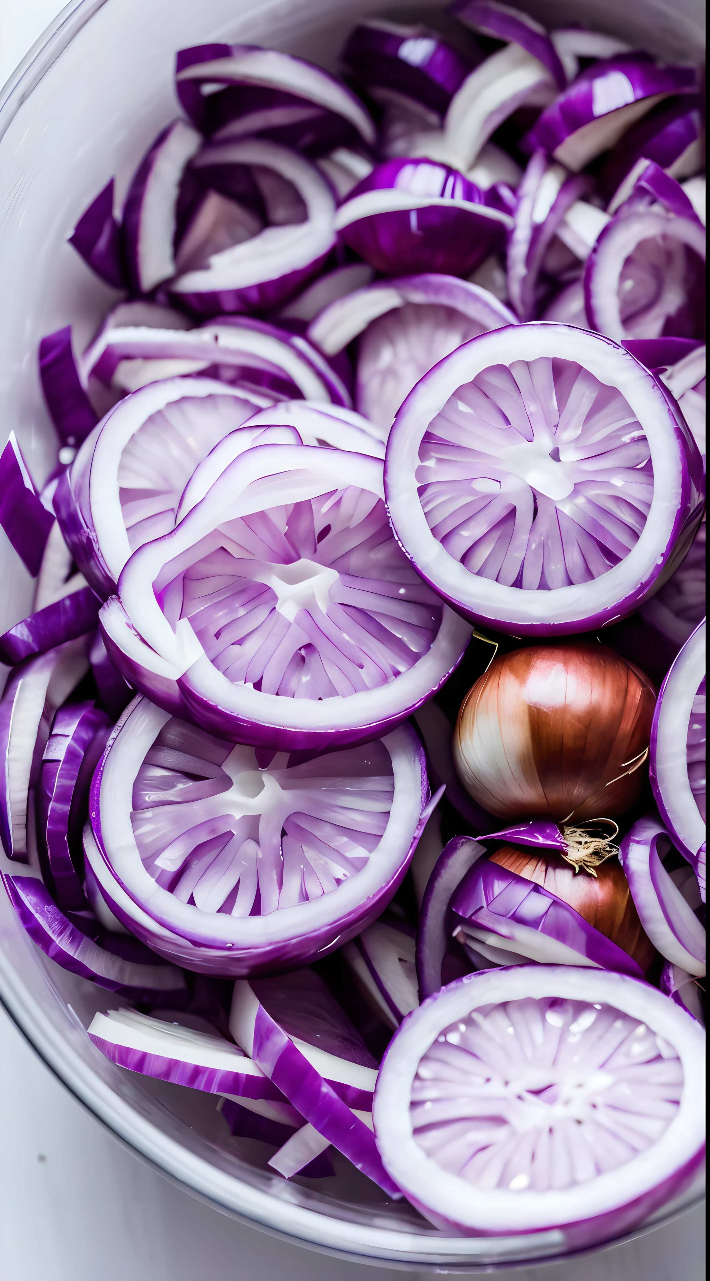 (Best quality at best,8K,tmasterpiece:1.3), (low field of view : 1.5),without humans,Clear glass,There are some purple onion slices in it, Dice onion,(minced onions:1.2), (thin onions:1.2), blend, de tarhepodroso, intense detail, on the white background, Clear detail, professional,(hyper realisitc:1.3)