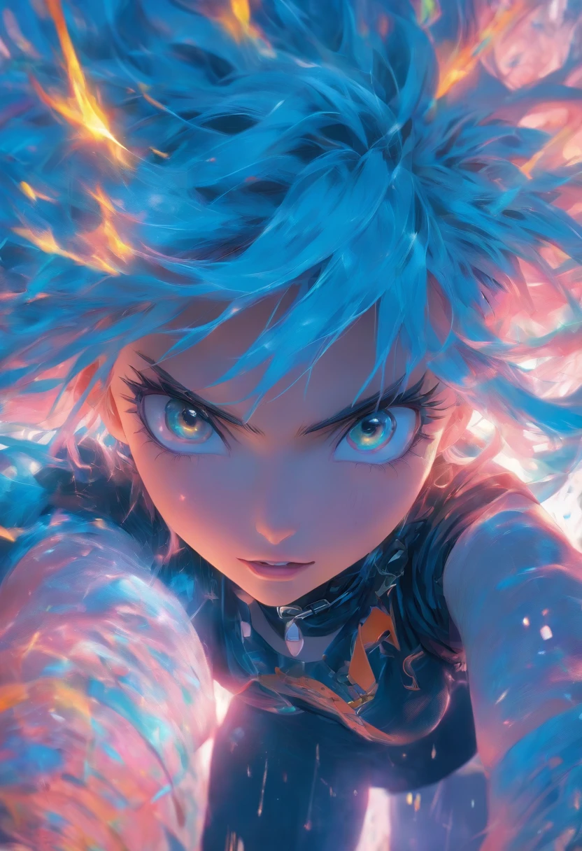foreshortening,  depth of fields, tmasterpiece, Best quality，Blue-haired girl，largeeyes，a visual feast