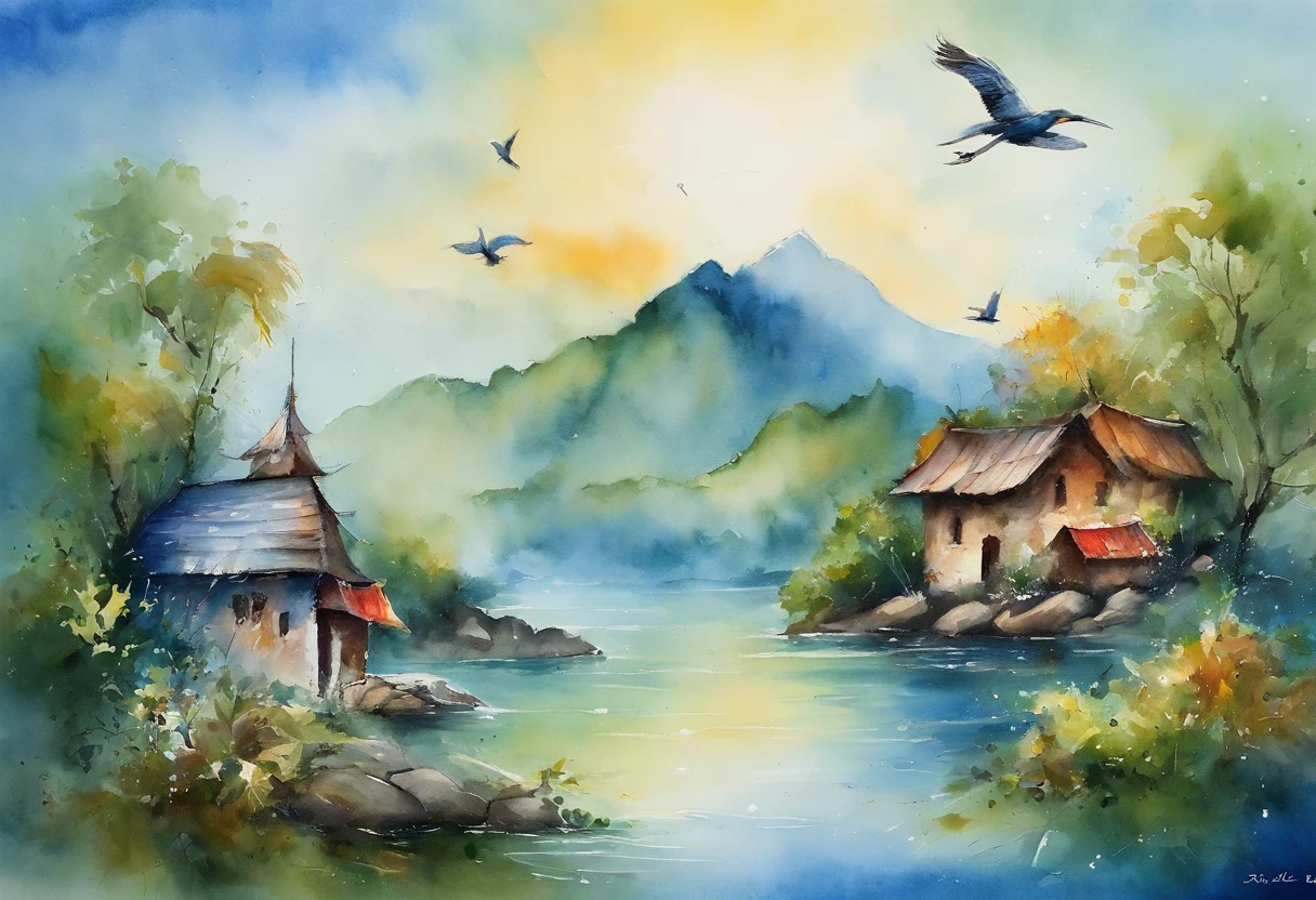 In the sea。There is a small island in the middle of the bay，The island is covered with green vegetation。The water is a tranquil lake blue，contrasts with the deep blue in the sky。Behind the island is a group of buildings，wide range of colors，May be residential area or resort。upper sky，Birds spread their wings and fly，Adds a sense of vitality。All-encompassing，This painting conveys a sense of calm、harmonious atmosphere。