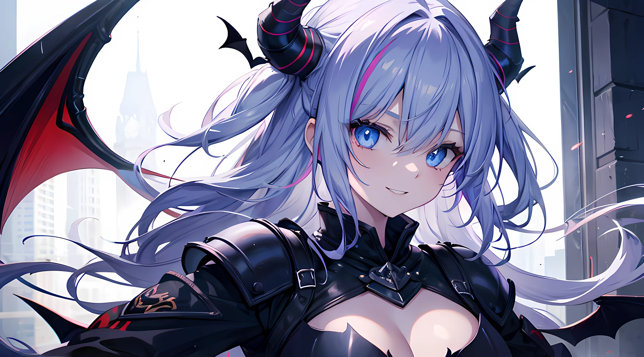 (1 demon girl), front lighting, demon horns, bat wings, armored knight uniform, bring sword on her back, detailed face, walking in the middle of the world war II, crystal blue eyes, multicolored hair, glare, toothy smile, front lighting, 8k, masterpiece, ultra HD,