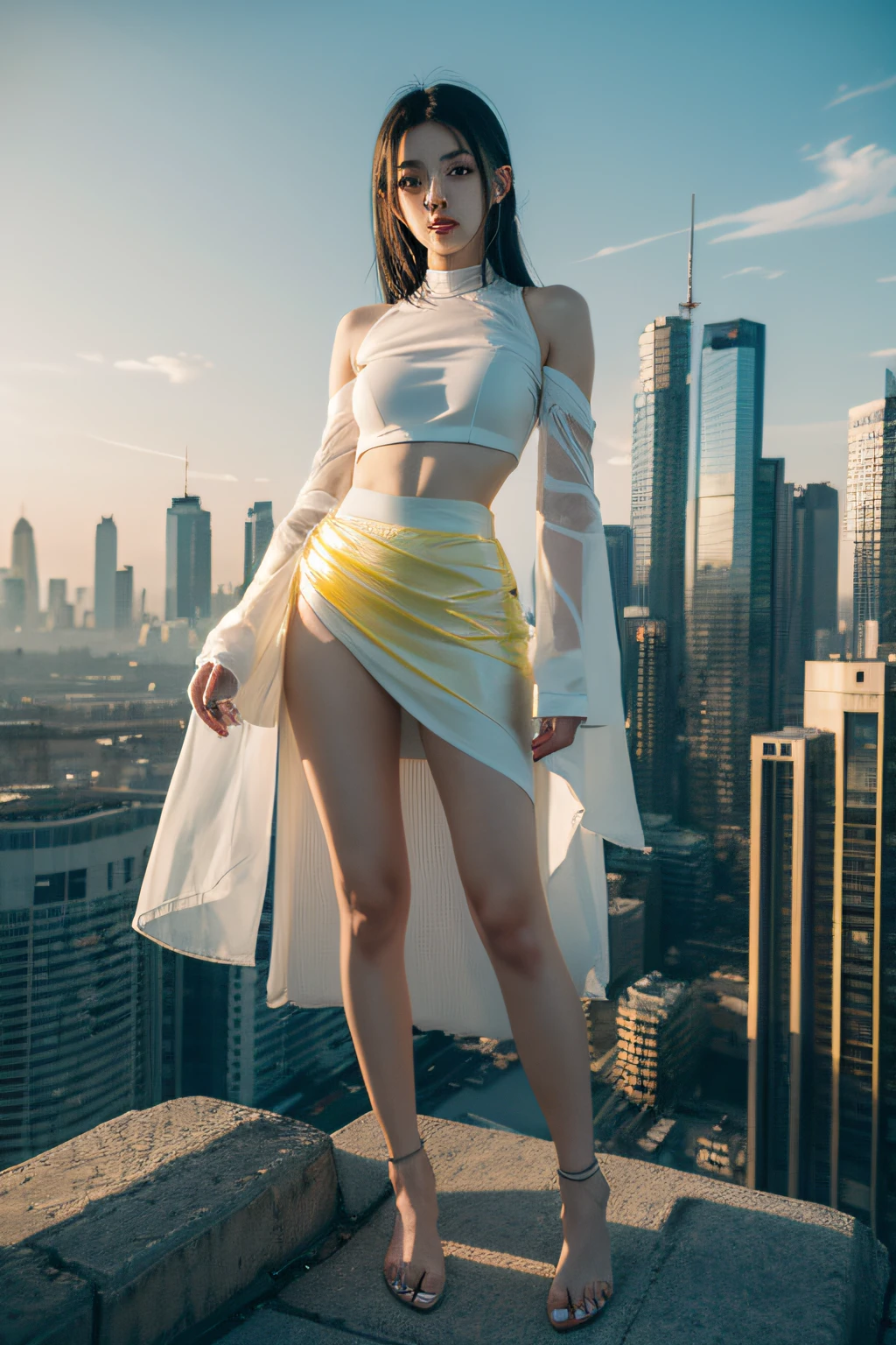 girl,waist height_The white_the hair,transparent technology_eye glass,cyber punk style_A city of technology,Similar to alita style_人物,contemptible_prolong,Barefoot,white and yellow alternating_Gauze skirt,numbers in the sky,World 10,000 years later