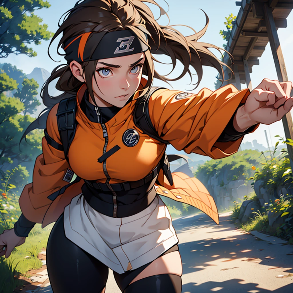 (Best quality), Big head, face confused, (yukiko with huge breasts:1.2) Wear hiking clothes in the forest, at winter season, Portrait