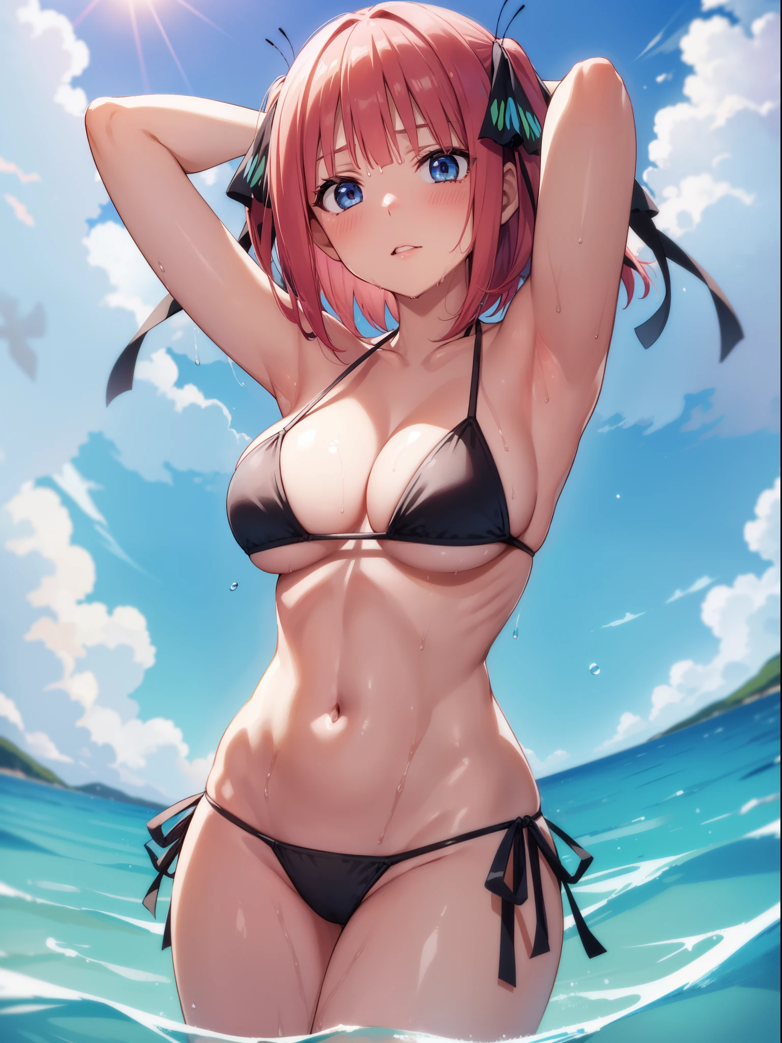 1girl, nino nakano, Short hair, Bangs, Blue eyes, Hair Ornament, Hair Ribbon, Pink hair, Blunt bangs, two side up, butterfly hair ornament, (blush:1.2), (turn your face to the front:1.3), parted lips,
BREAK (string bikini:1.2), (black bikini:1.3), patternless bikini, huge breasts, Naked, Exposed skin, (Wet skin:1.5), (arms behind head, armpits), standing, (turn your body to the front:1.3),
BREAK (Sea:1.5), Beach, (Solar:1.3),
BREAK looking at viewer, (from front:1.5),
BREAK (masutepiece:1.2), Best Quality, High resolution, Unity 8k壁纸, (Illustration:0.8), (Beautiful detailed eyes:1.6), extra detailed face, Perfect Lighting, extremely details CG, (Perfect hands, Perfect Anatomy),
