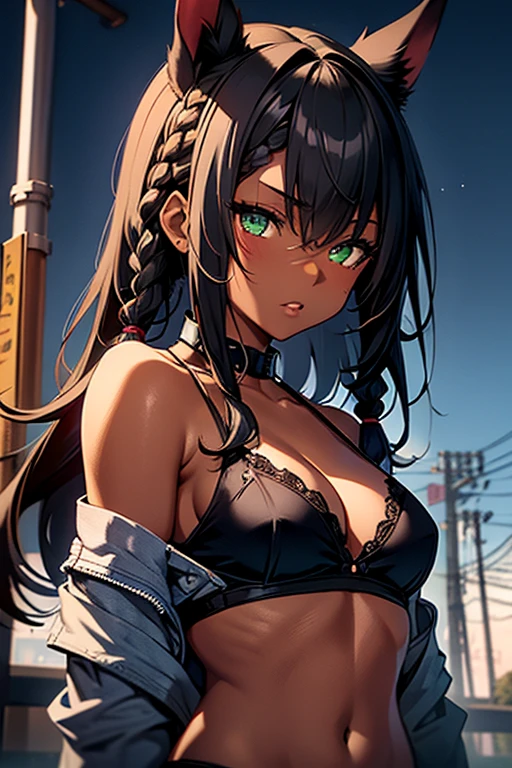 nsfw、masterpiece、best quality、super detailed skin、1catgirl、jadegreen eyes、skin/(dark skin)、horse ears、horse tail、hair/(braided side pigtails)、flipped hair、midnight black hair、wide cleavage、small torn bikini-top、small lace crop-top、torn hotpants、arms behind head